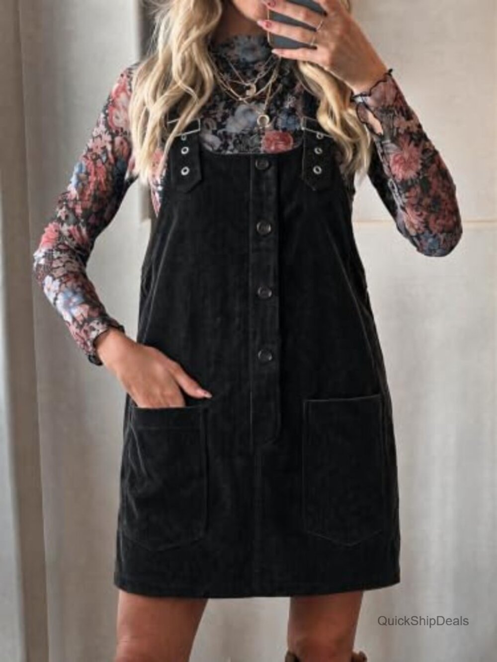 Corduroy Overall Dress A Line Button Down Mini Jumper Pinafore - Picture 4 of 6